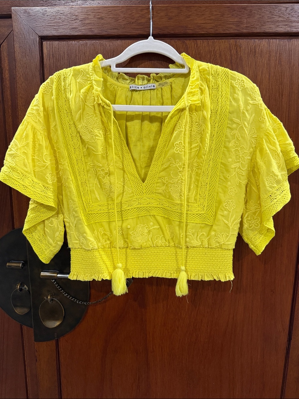 Alice + Olivia Bright Yellow Embroidered Tassel Crop TopSize Medium